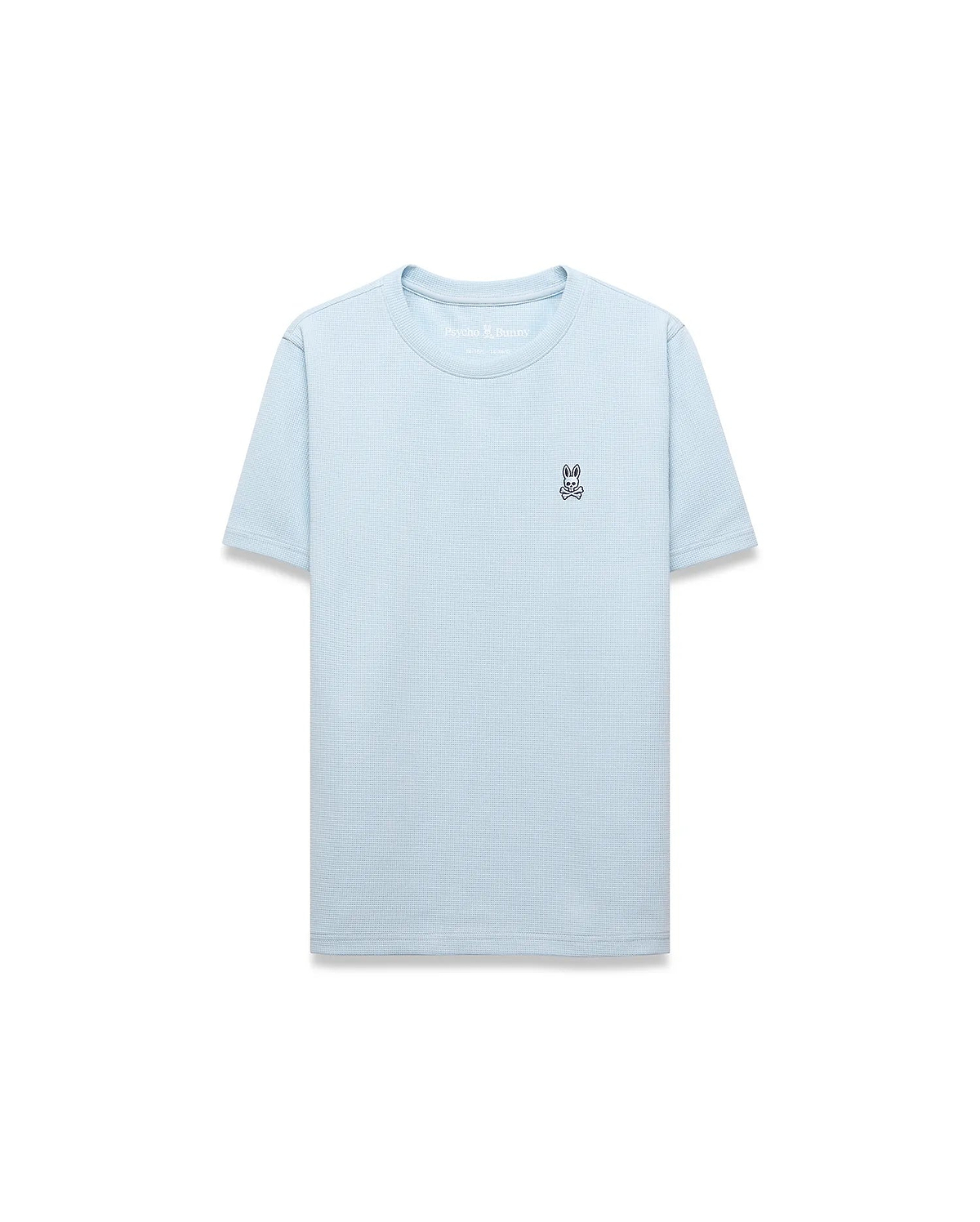Kids Maxton Waffle Tee, a light blue classic fit t-shirt with a waffle knit texture and a small embroidered Psycho Bunny skull logo on the left chest.