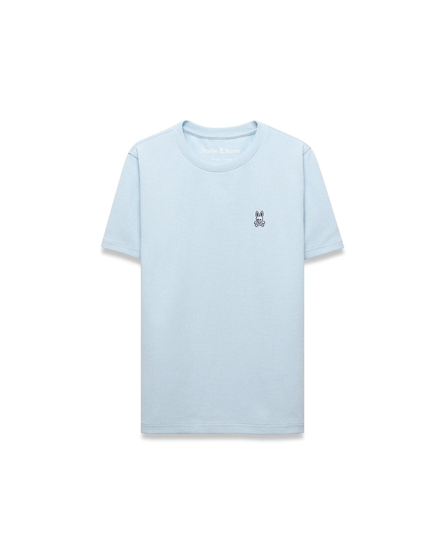 Kids Maxton Waffle Tee, a light blue classic fit t-shirt with a waffle knit texture and a small embroidered Psycho Bunny skull logo on the left chest.
