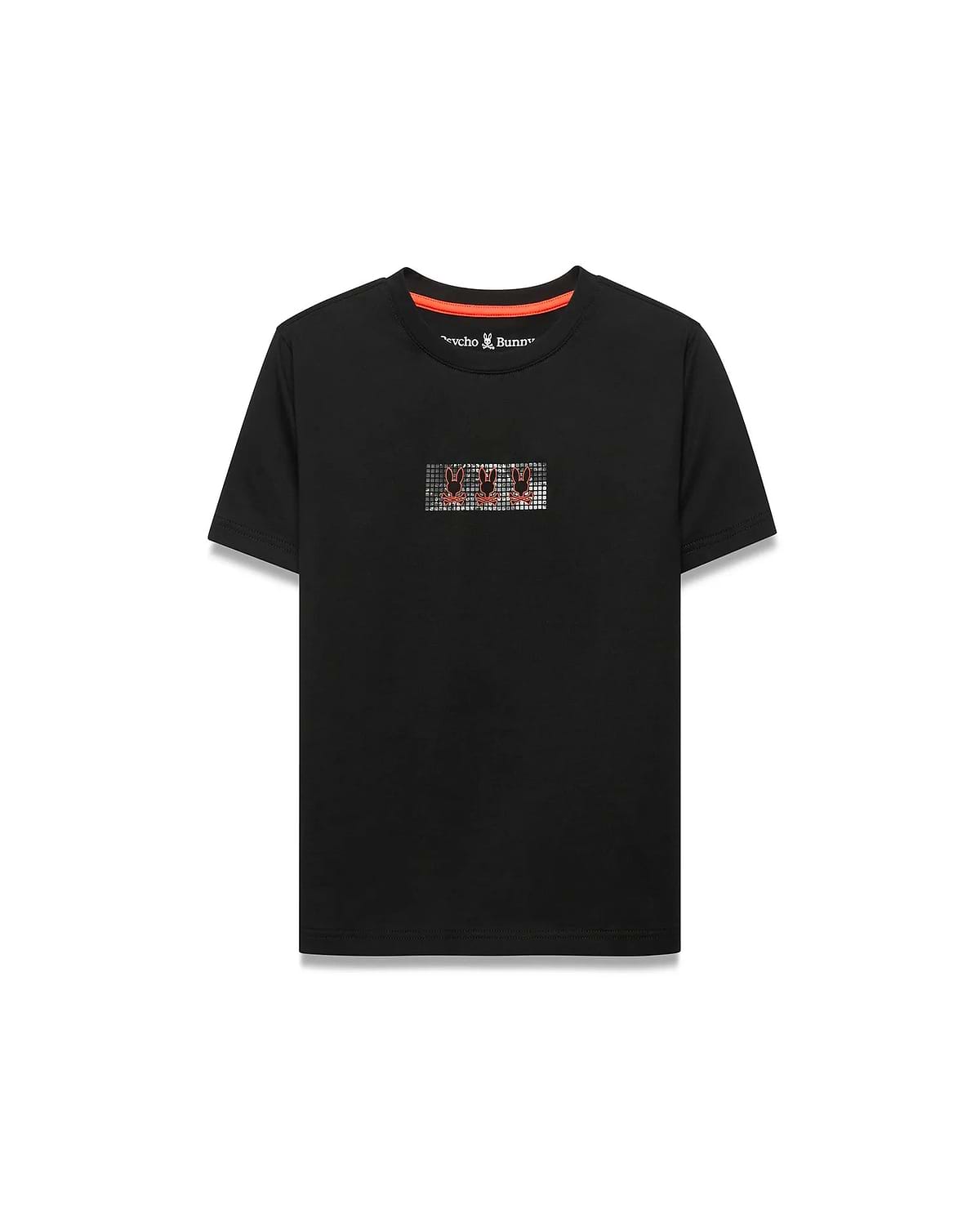 Kids' Alfie Back Graphic Tee, a black classic fit jersey t-shirt featuring a pixelated chest graphic with three orange Psycho Bunny skull logos and an orange neck tape. (1)