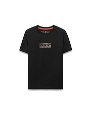 Kids' Alfie Back Graphic Tee, a black classic fit jersey t-shirt featuring a pixelated chest graphic with three orange Psycho Bunny skull logos and an orange neck tape. (1)