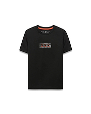 Kids' Alfie Back Graphic Tee, a black classic fit jersey t-shirt featuring a pixelated chest graphic with three orange Psycho Bunny skull logos and an orange neck tape. (1)
