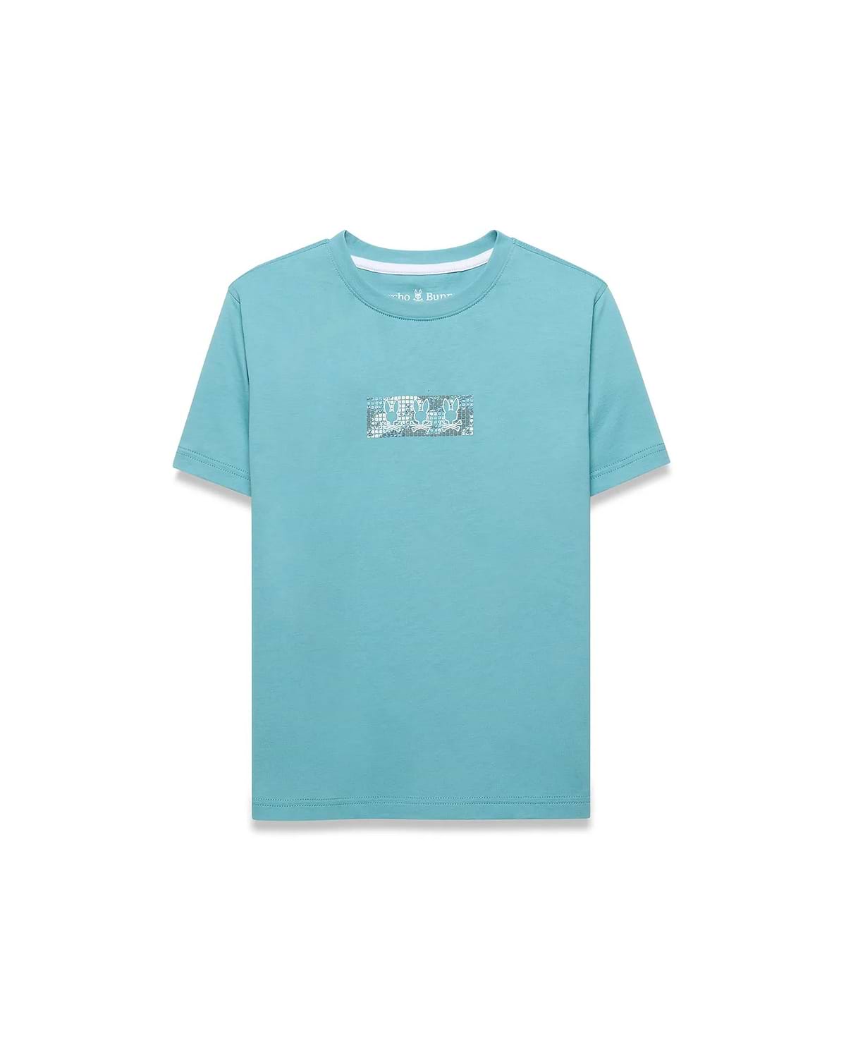 Kids' Alfie Back Graphic Tee in aqua blue, featuring a classic fit and smooth jersey knit. A rectangular center chest graphic displays repeating white and grey Psycho Bunny skull logos. (1)