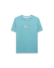 Kids' Alfie Back Graphic Tee in aqua blue, featuring a classic fit and smooth jersey knit. A rectangular center chest graphic displays repeating white and grey Psycho Bunny skull logos. (1)