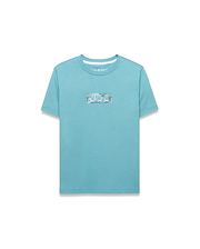 Kids' Alfie Back Graphic Tee in aqua blue, featuring a classic fit and smooth jersey knit. A rectangular center chest graphic displays repeating white and grey Psycho Bunny skull logos. (1)
