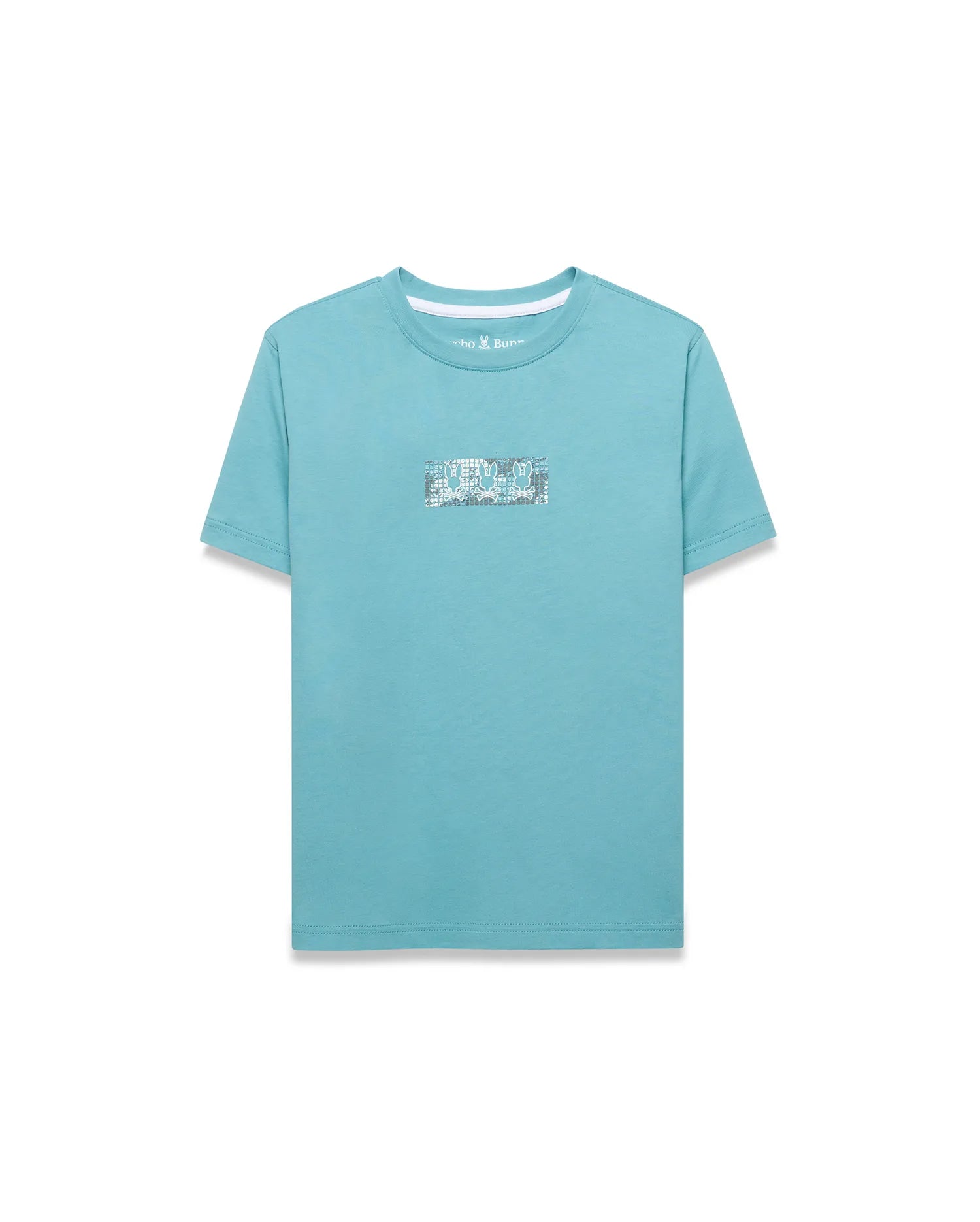 Kids' Alfie Back Graphic Tee in aqua blue, featuring a classic fit and smooth jersey knit. A rectangular center chest graphic displays repeating white and grey Psycho Bunny skull logos. (1)