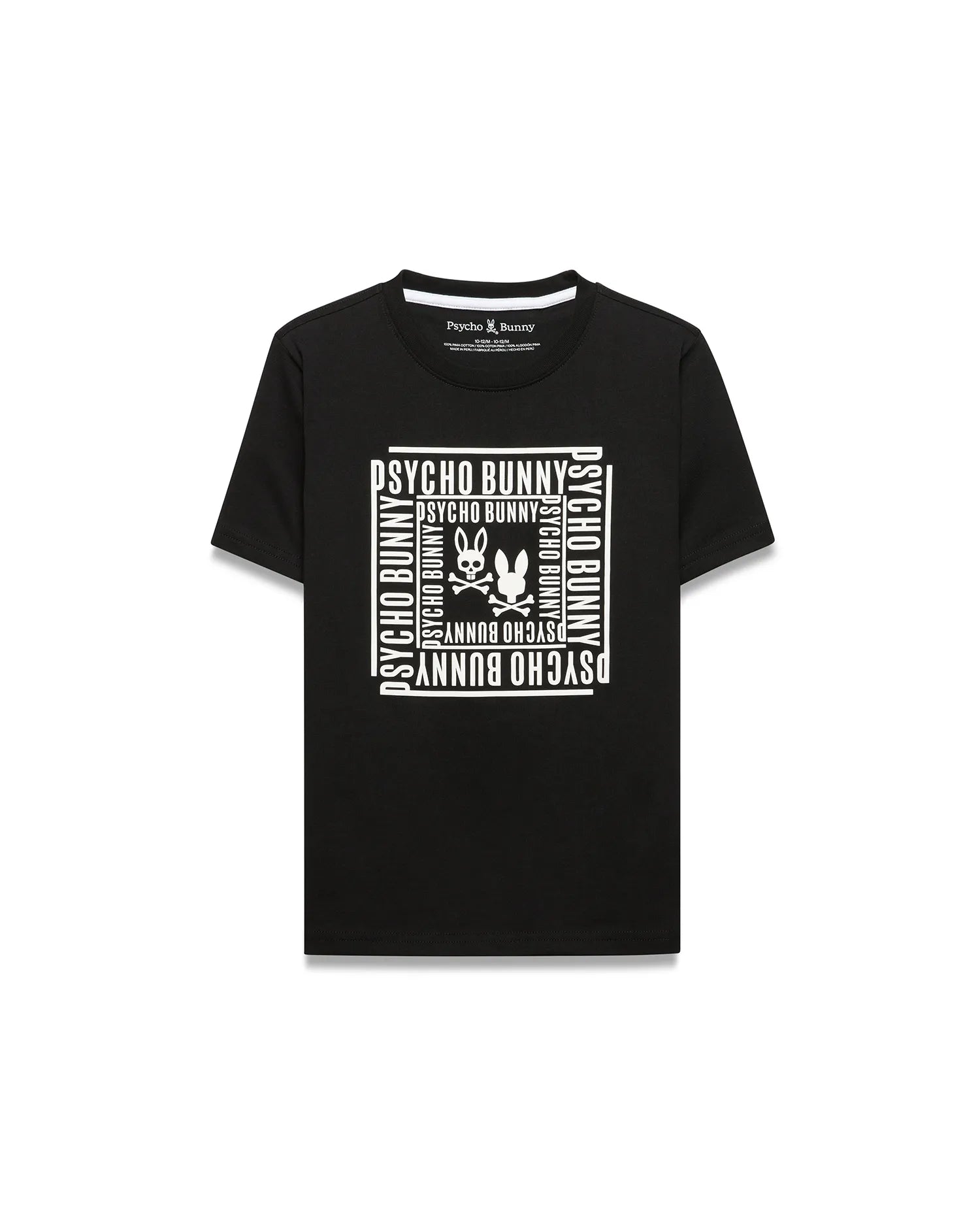 Kids' Raj Pima Graphic Tee, a black classic fit Pima cotton jersey t-shirt featuring a large white chest graphic with stacked Psycho Bunny text and two iconic bunny skull logos. (1)