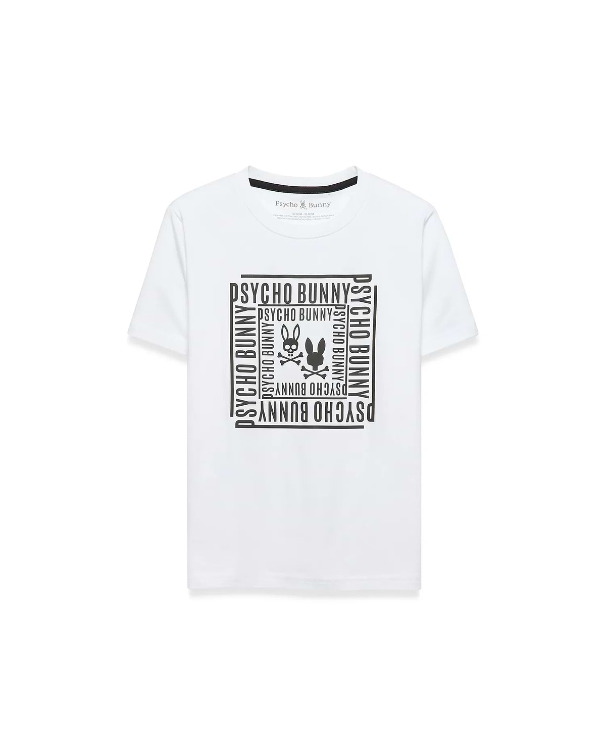 Kids' Raj Pima Graphic Tee, a white classic fit Pima cotton jersey t-shirt with a large black central chest graphic featuring the iconic Psycho Bunny skull logo framed by repeating PSYCHO BUNNY text. (1)