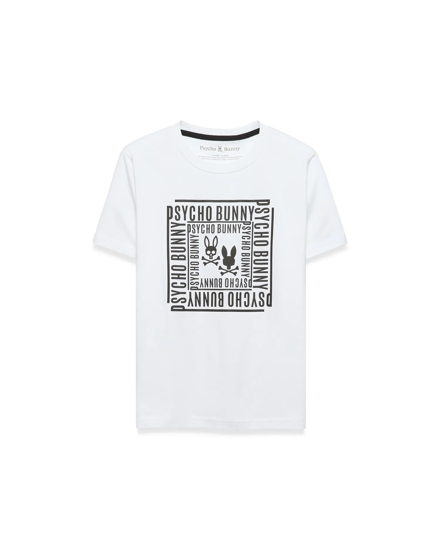 Kids' Raj Pima Graphic Tee, a white classic fit Pima cotton jersey t-shirt with a large black central chest graphic featuring the iconic Psycho Bunny skull logo framed by repeating PSYCHO BUNNY text. (1)
