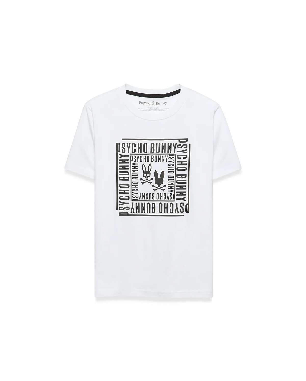 Kids' Raj Pima Graphic Tee, a white classic fit Pima cotton jersey t-shirt with a large black central chest graphic featuring the iconic Psycho Bunny skull logo framed by repeating PSYCHO BUNNY text. (1)