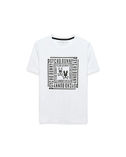 Kids' Raj Pima Graphic Tee, a white classic fit Pima cotton jersey t-shirt with a large black central chest graphic featuring the iconic Psycho Bunny skull logo framed by repeating PSYCHO BUNNY text. (1)