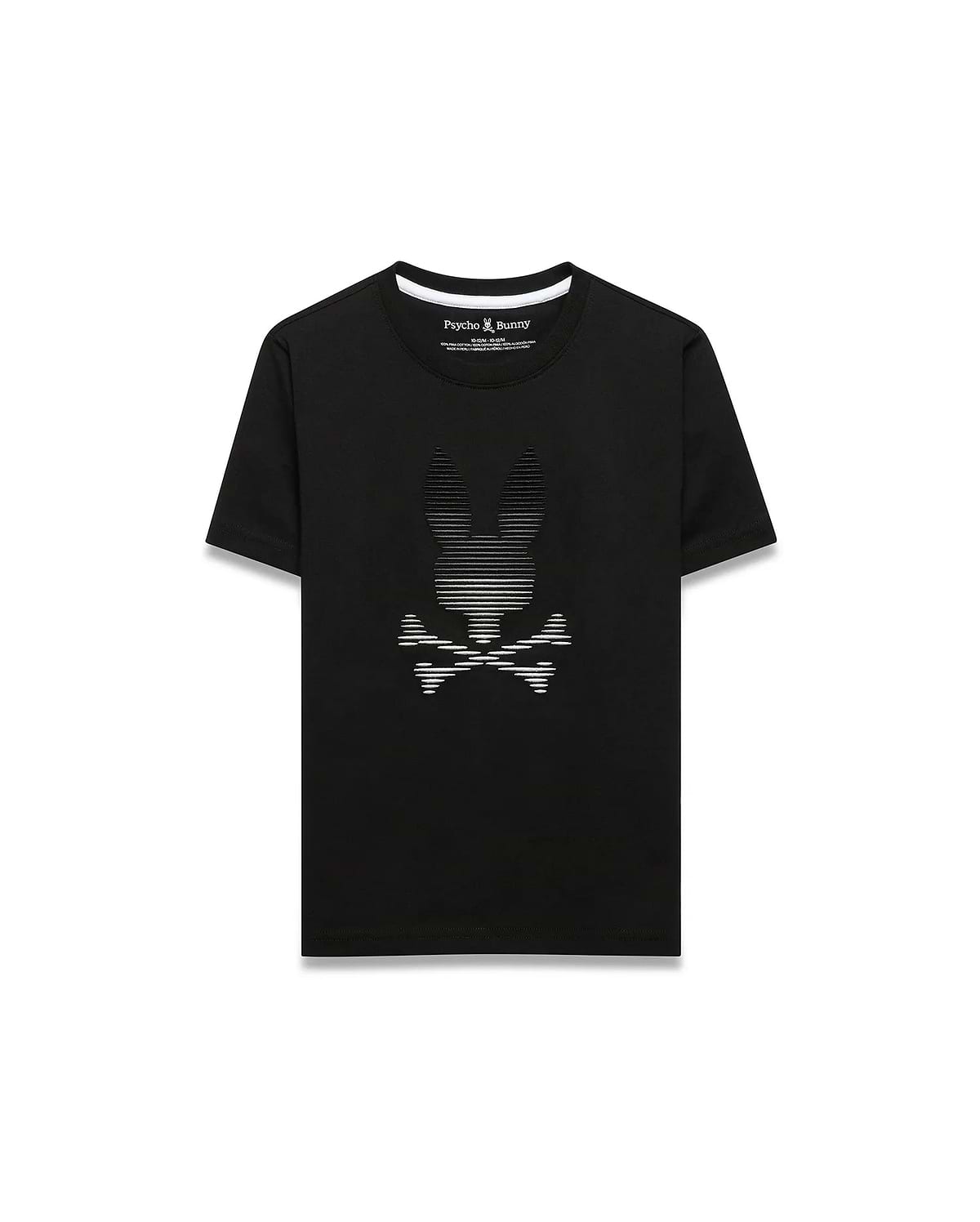 Kids' Slade Pima Graphic Tee, a black classic fit Pima cotton jersey t-shirt featuring a large central white striped Psycho Bunny skull graphic and white accent neck tape. (1)