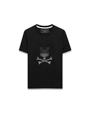 Kids' Slade Pima Graphic Tee, a black classic fit Pima cotton jersey t-shirt featuring a large central white striped Psycho Bunny skull graphic and white accent neck tape. (1)