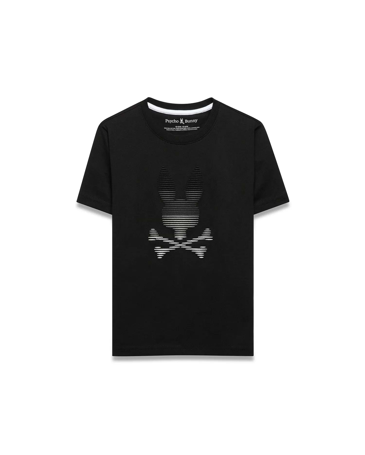 Kids' Slade Pima Graphic Tee, a black classic fit Pima cotton jersey t-shirt featuring a large central white striped Psycho Bunny skull graphic and white accent neck tape. (1)