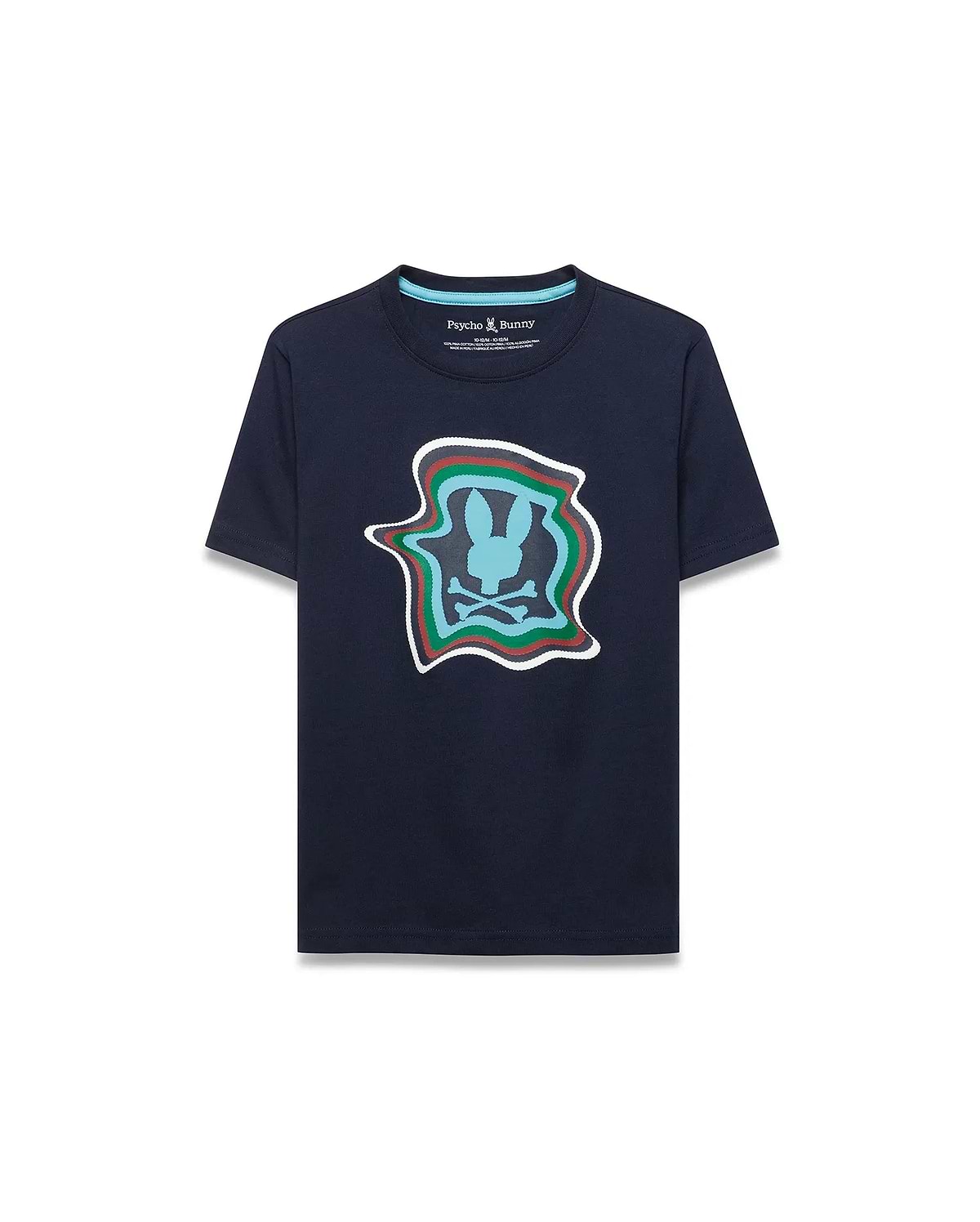 Kids' Klaus Graphic Tee, a navy jersey knit t-shirt with a large, distorted Psycho Bunny skull logo graphic in light blue, green, red, and white on the chest, classic fit. (1)