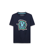 Kids' Klaus Graphic Tee, a navy jersey knit t-shirt with a large, distorted Psycho Bunny skull logo graphic in light blue, green, red, and white on the chest, classic fit. (1)
