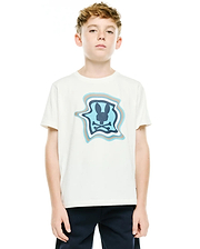 Kids' Klaus Pima Graphic Tee, a cream classic fit Pima cotton jersey t-shirt with a large center chest graphic featuring a wavy blue, light blue, and taupe border around a dark blue Psycho Bunny skull logo. (2)