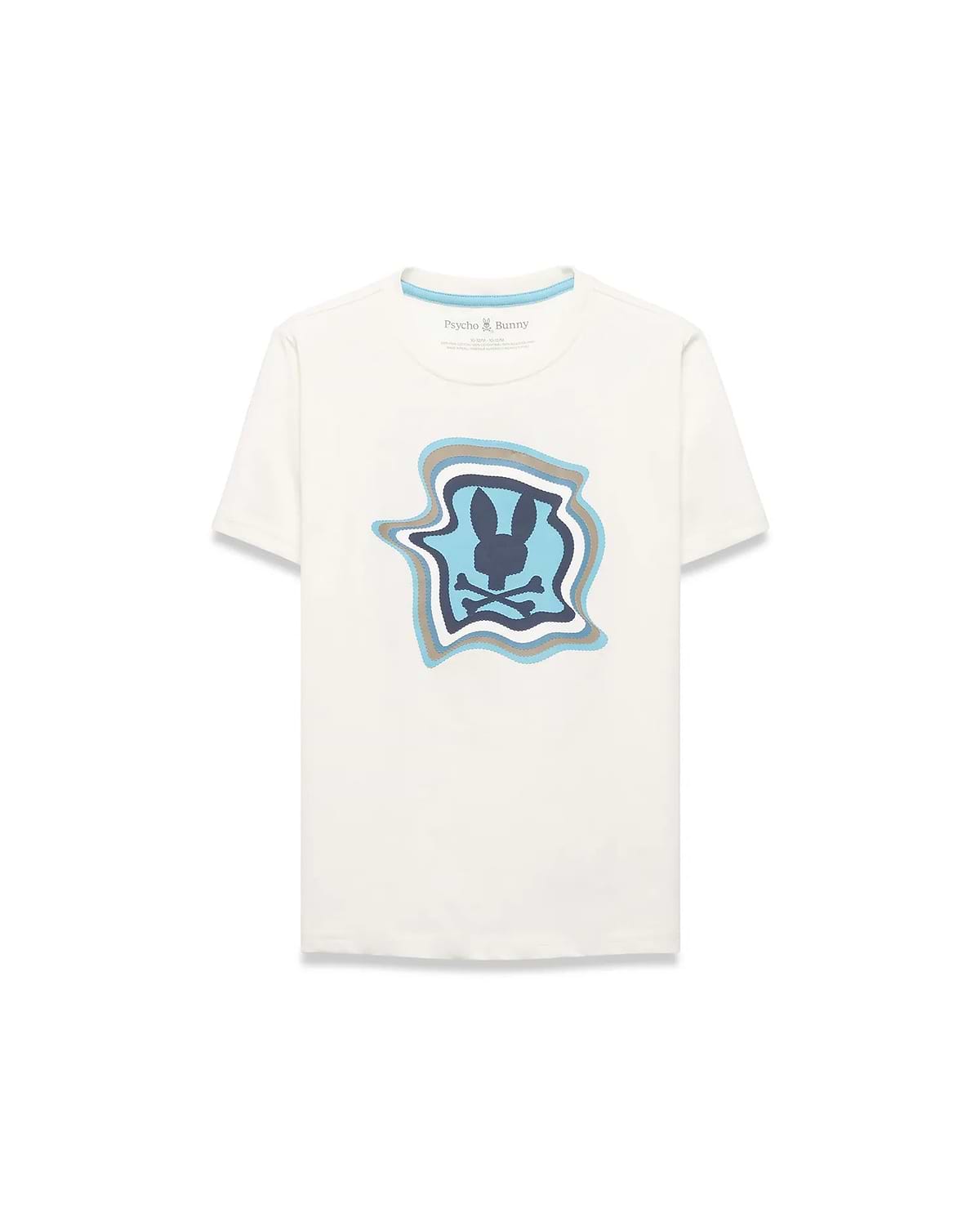 Kids' Klaus Pima Graphic Tee. Cream jersey t-shirt with a large chest graphic featuring the dark blue Psycho Bunny skull logo on light blue, framed by wavy blue and grey borders. Classic fit. (1)