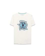 Kids' Klaus Pima Graphic Tee. Cream jersey t-shirt with a large chest graphic featuring the dark blue Psycho Bunny skull logo on light blue, framed by wavy blue and grey borders. Classic fit. (1)