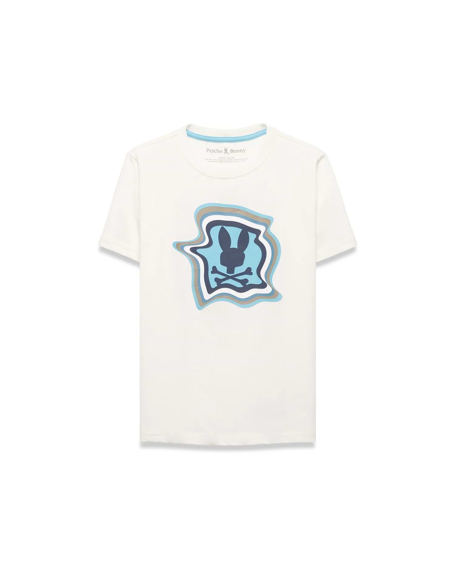 Kids' Klaus Pima Graphic Tee. Cream jersey t-shirt with a large chest graphic featuring the dark blue Psycho Bunny skull logo on light blue, framed by wavy blue and grey borders. Classic fit. (1)