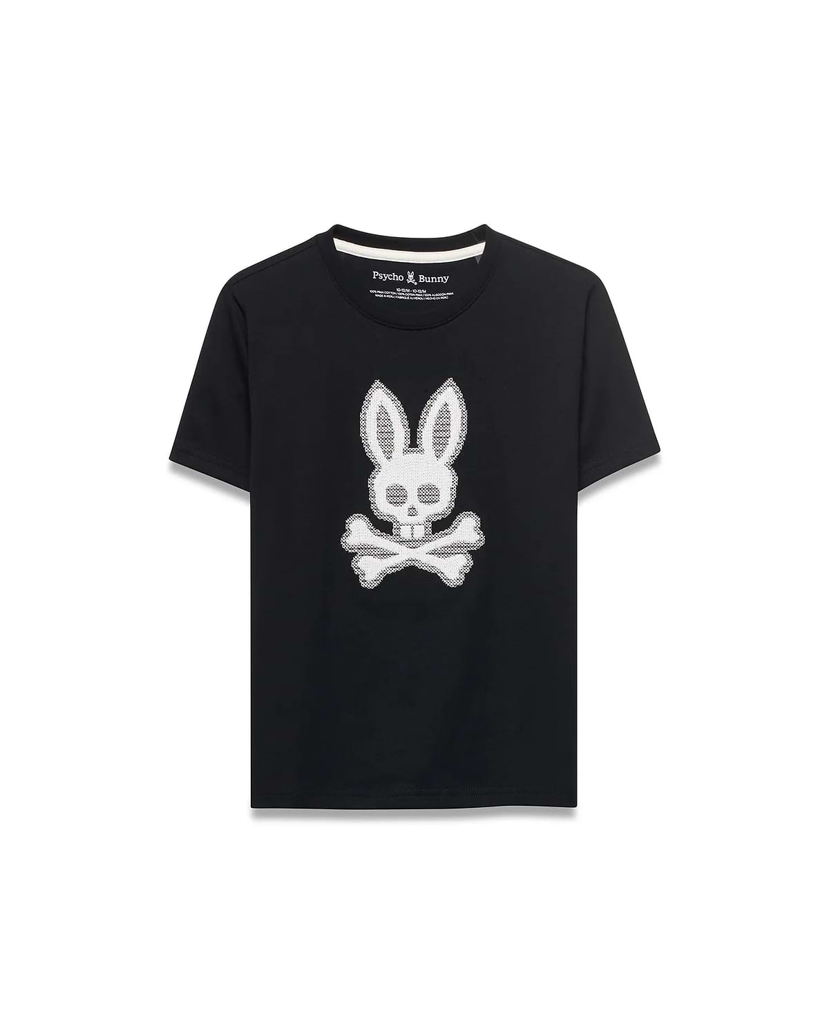 Kids' Samson Pima Graphic Tee, black classic fit Pima cotton jersey with a large white textured Psycho Bunny skull logo graphic centered on the chest. (1)
