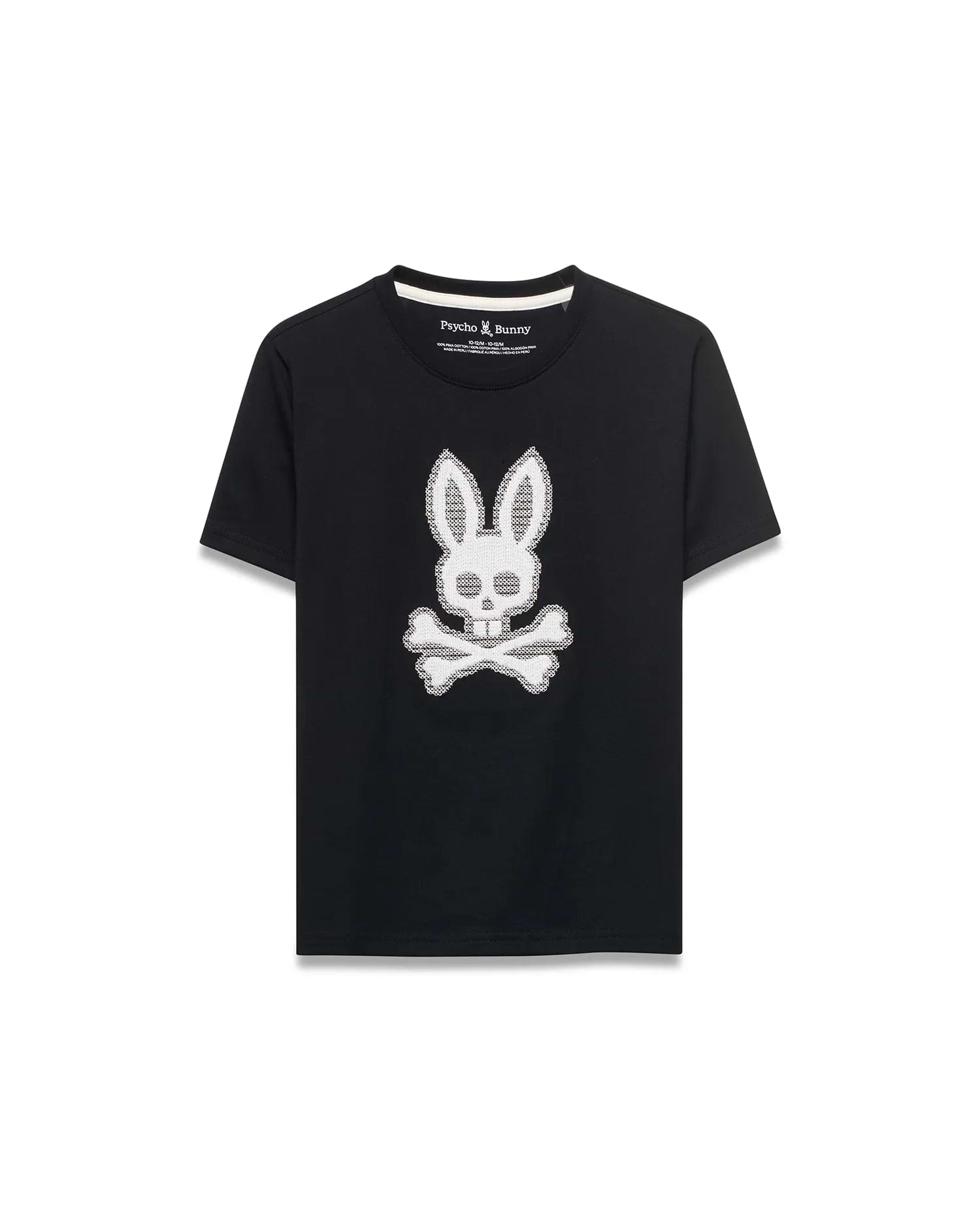 Kids' Samson Pima Graphic Tee, black classic fit Pima cotton jersey with a large white textured Psycho Bunny skull logo graphic centered on the chest. (1)