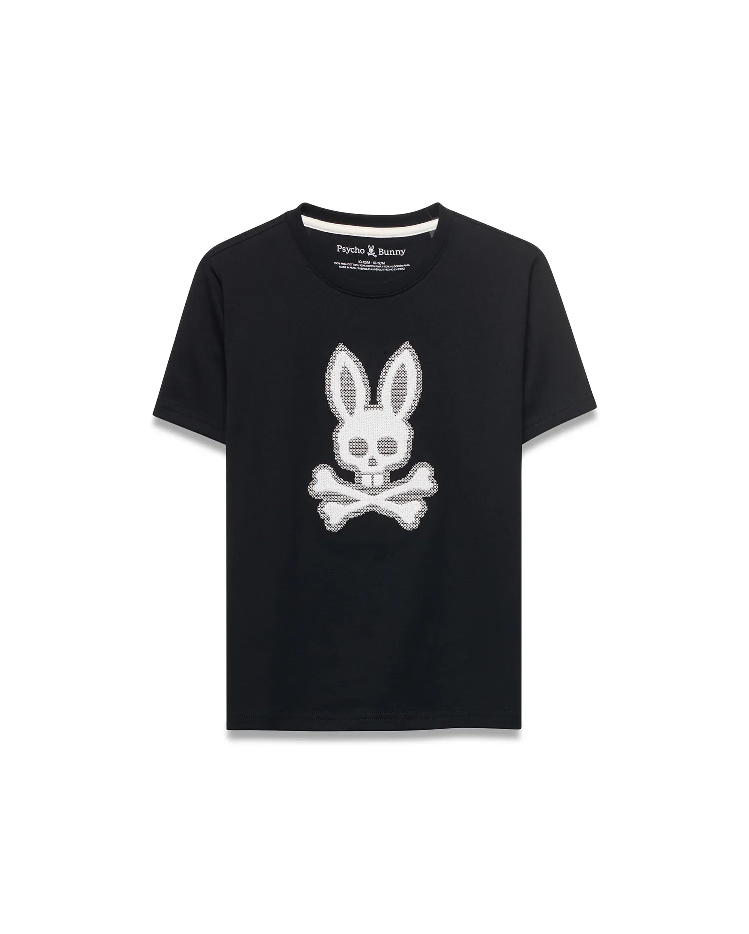 Kids' Samson Pima Graphic Tee, black classic fit Pima cotton jersey with a large white textured Psycho Bunny skull logo graphic centered on the chest. (1)