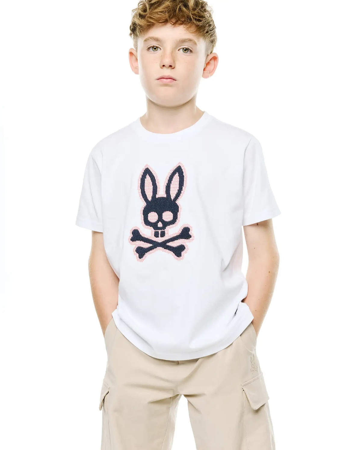 Kids' Samson Pima Graphic Tee, white classic fit smooth jersey t-shirt with a large central navy and pink textured Psycho Bunny skull and crossbones logo. (2)