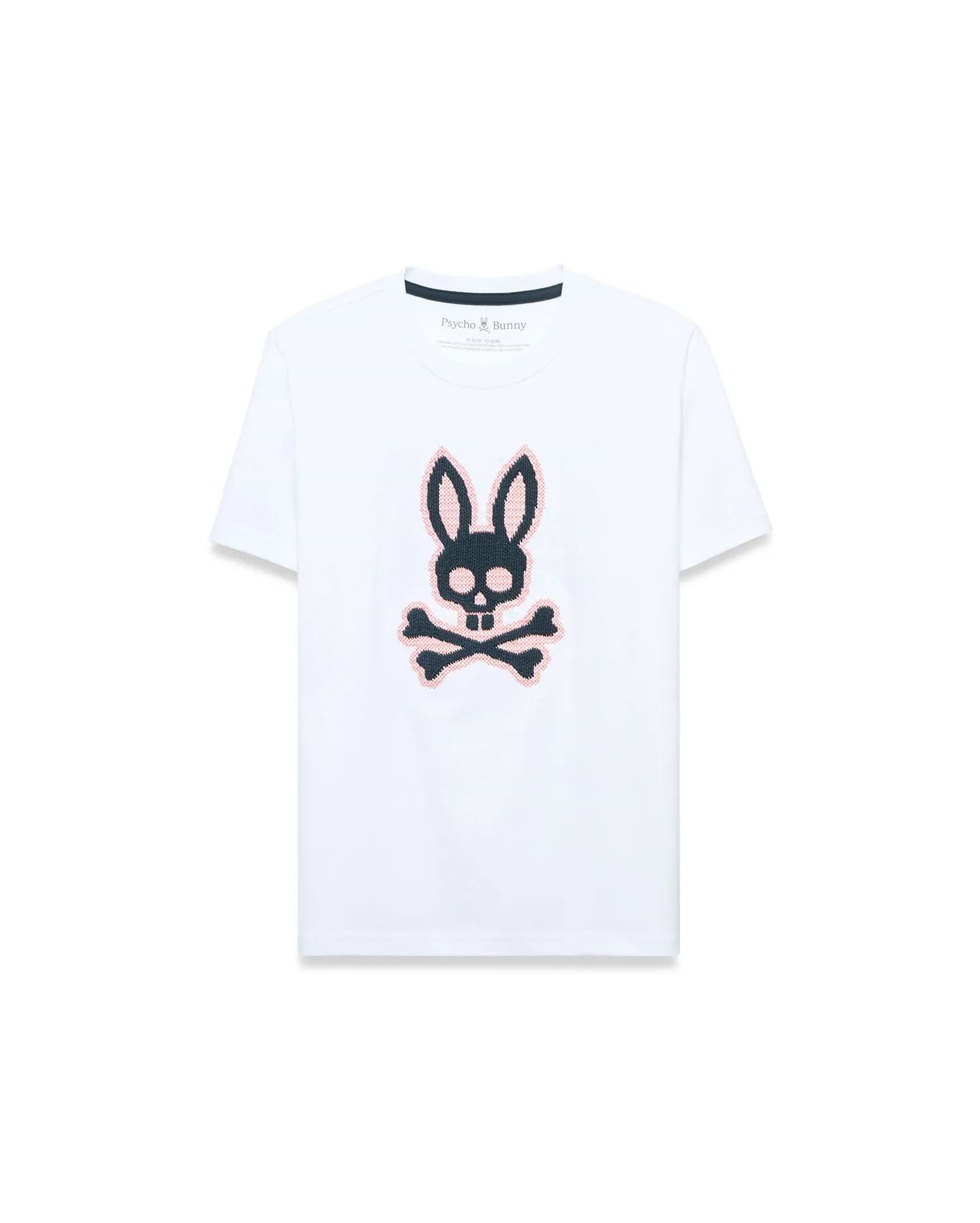 Kids' Samson Pima Graphic Tee, white classic fit Pima cotton jersey with a large central black and pink textured embroidered Psycho Bunny skull and crossbones logo. (1)