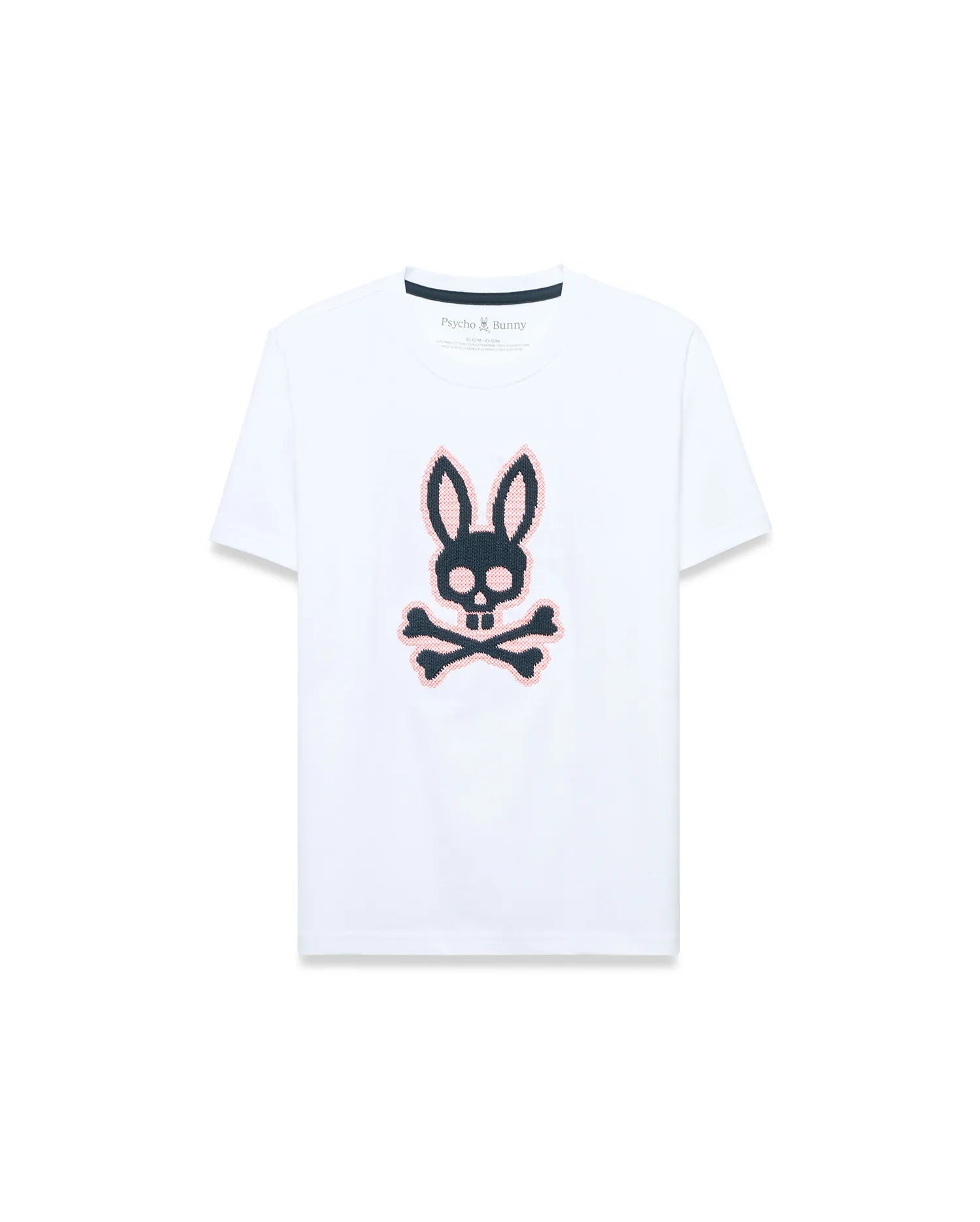Kids' Samson Pima Graphic Tee, white classic fit Pima cotton jersey with a large central black and pink textured embroidered Psycho Bunny skull and crossbones logo. (1)