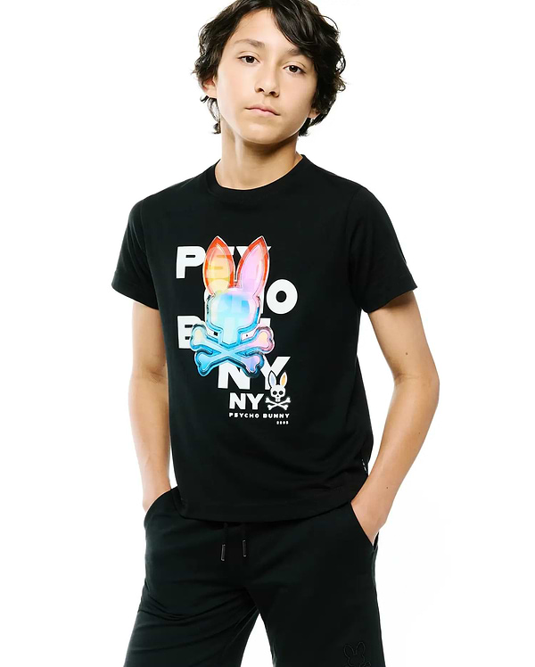 Kids Kenji Graphic Tee: Black classic fit jersey t-shirt featuring a large central rainbow holographic Psycho Bunny skull logo with white PSYCHO BUNNY NY text, and a smaller white logo below.