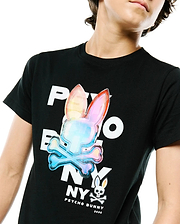 Kids Kenji Graphic Tee, black classic fit jersey t-shirt featuring a large iridescent rainbow bunny skull graphic on the chest, white PSYCHO BUNNY text, and a small rainbow-eared bunny skull logo.
