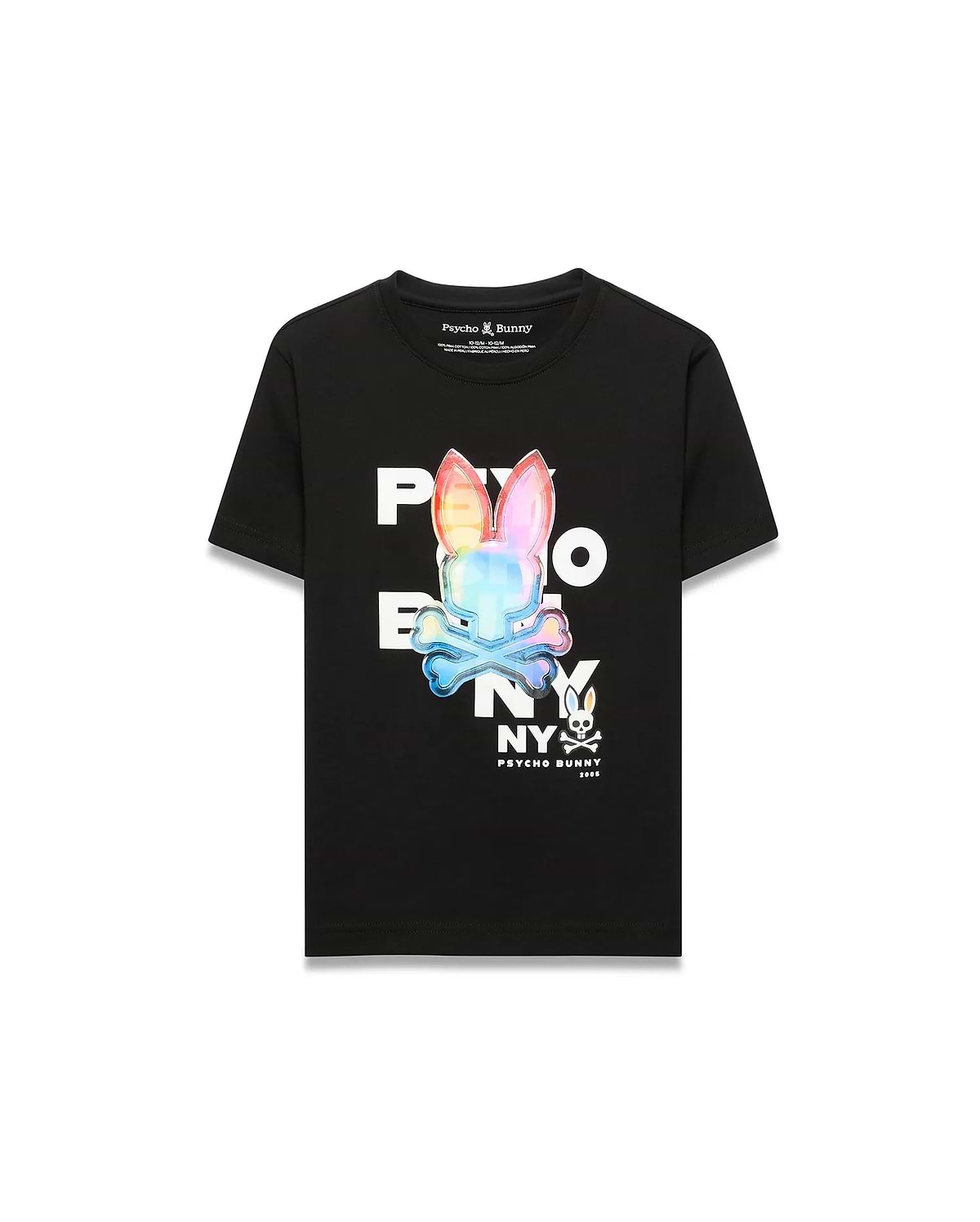 Kids Kenji Graphic Tee, black jersey knit t-shirt with a classic fit, featuring a large central holographic rainbow Psycho Bunny skull graphic and white brand text.