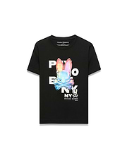 Kids Kenji Graphic Tee, black jersey knit t-shirt with a classic fit, featuring a large central holographic rainbow Psycho Bunny skull graphic and white brand text.