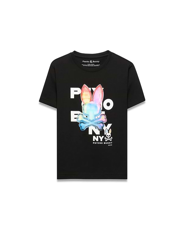 Kids Kenji Graphic Tee, black jersey knit t-shirt with a classic fit, featuring a large central holographic rainbow Psycho Bunny skull graphic and white brand text.