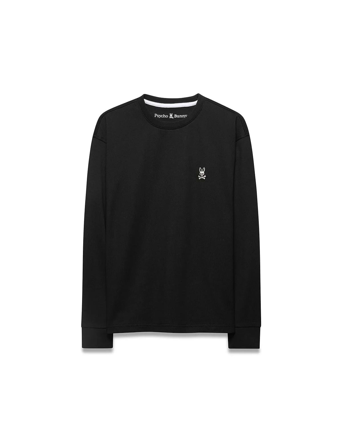 Black ribbed jersey Kid's Norman Longsleeve Oversized Tee with a small white embroidered Psycho Bunny skull logo on the left chest and white Psycho Bunny text at the back neck. (5)