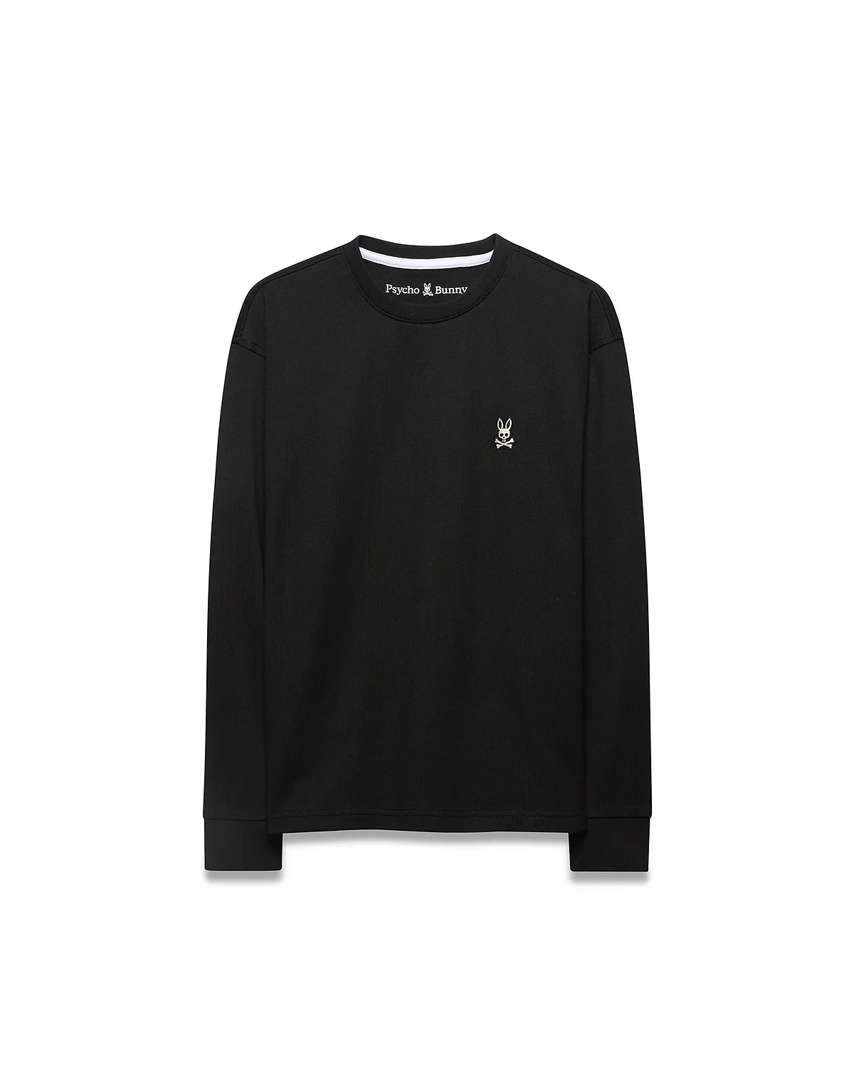 Black ribbed jersey Kid's Norman Longsleeve Oversized Tee with a small white embroidered Psycho Bunny skull logo on the left chest and white Psycho Bunny text at the back neck. (5)