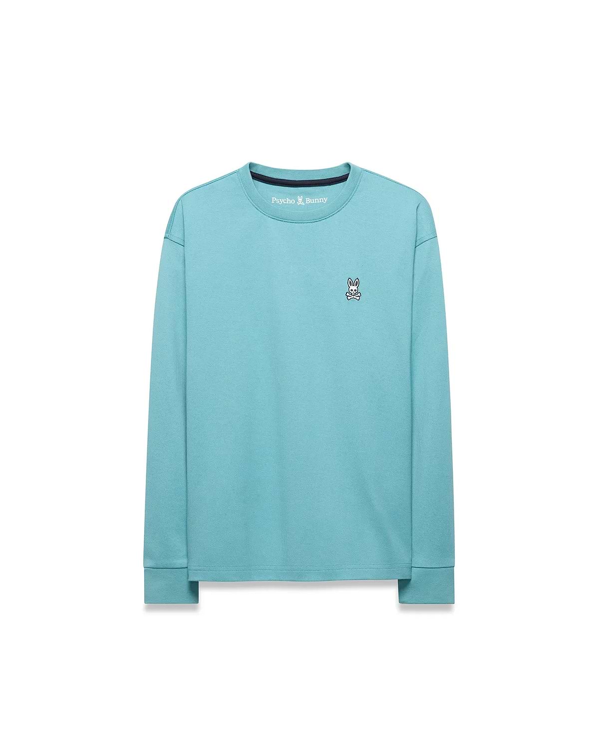 Kid's Norman Longsleeve Oversized Tee in aqua jersey, with a small embroidered white, black, and red Psycho Bunny skull logo on the left chest and a black ribbed collar. (5)