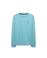 Kid's Norman Longsleeve Oversized Tee in aqua jersey, with a small embroidered white, black, and red Psycho Bunny skull logo on the left chest and a black ribbed collar. (5)