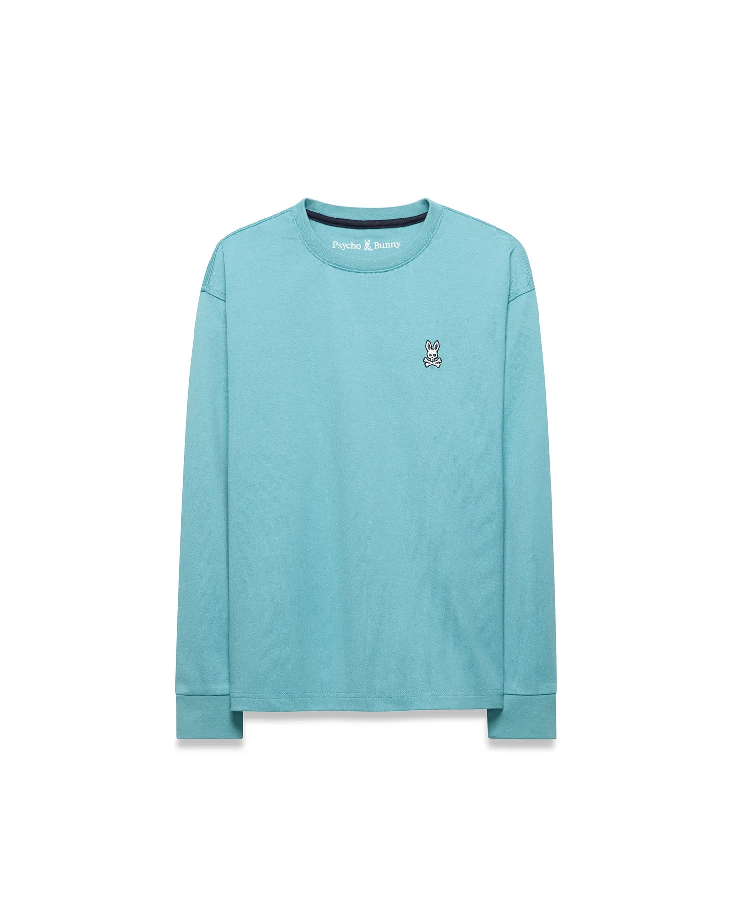 Kid's Norman Longsleeve Oversized Tee in aqua jersey, with a small embroidered white, black, and red Psycho Bunny skull logo on the left chest and a black ribbed collar. (5)
