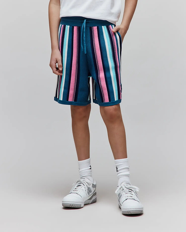 Kids Cliff Knit Short, a relaxed fit knit short featuring bold vertical stripes in teal, pink, light blue, white, and navy, with a comfortable drawstring waist.