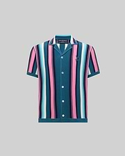 KIDS CLIFF KNIT SHIRT featuring a vibrant vertical stripe pattern in teal, pink, light blue, white, and navy, with a classic fit, knit texture, and small embroidered Psycho Bunny skull logo on the left chest.