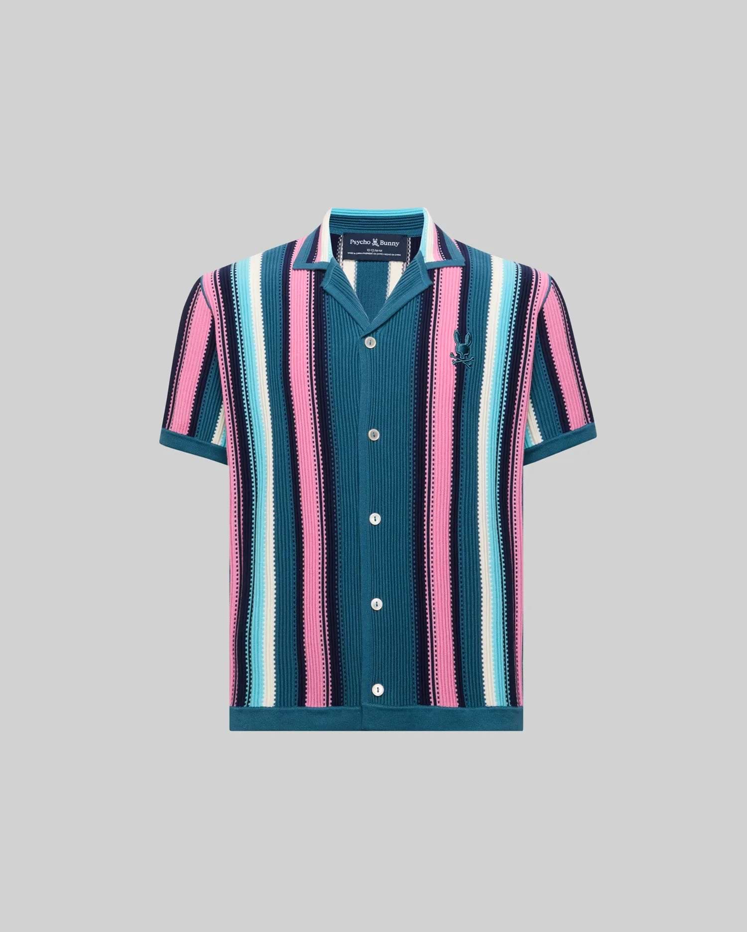 KIDS CLIFF KNIT SHIRT featuring a vibrant vertical stripe pattern in teal, pink, light blue, white, and navy, with a classic fit, knit texture, and small embroidered Psycho Bunny skull logo on the left chest.