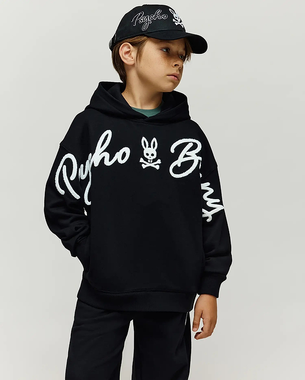 PsychoBunny　フーデットコート Kids' Tate Chenille Embroidered Hoodie in Black | Psycho Bunny