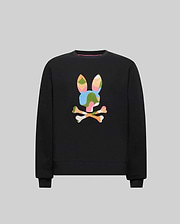 Black Kids Ara Crew sweatshirt, classic fit, featuring a large, central, embroidered Psycho Bunny skull logo in a vibrant, multi-colored, textured abstract camouflage pattern. (4)
