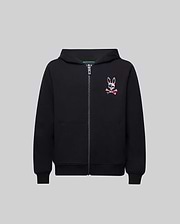 Kids Raphael French Terry Full Zip Hoodie in black, featuring a classic fit, full zip closure, and a vibrant multi-color Psycho Bunny skull logo on the left chest.