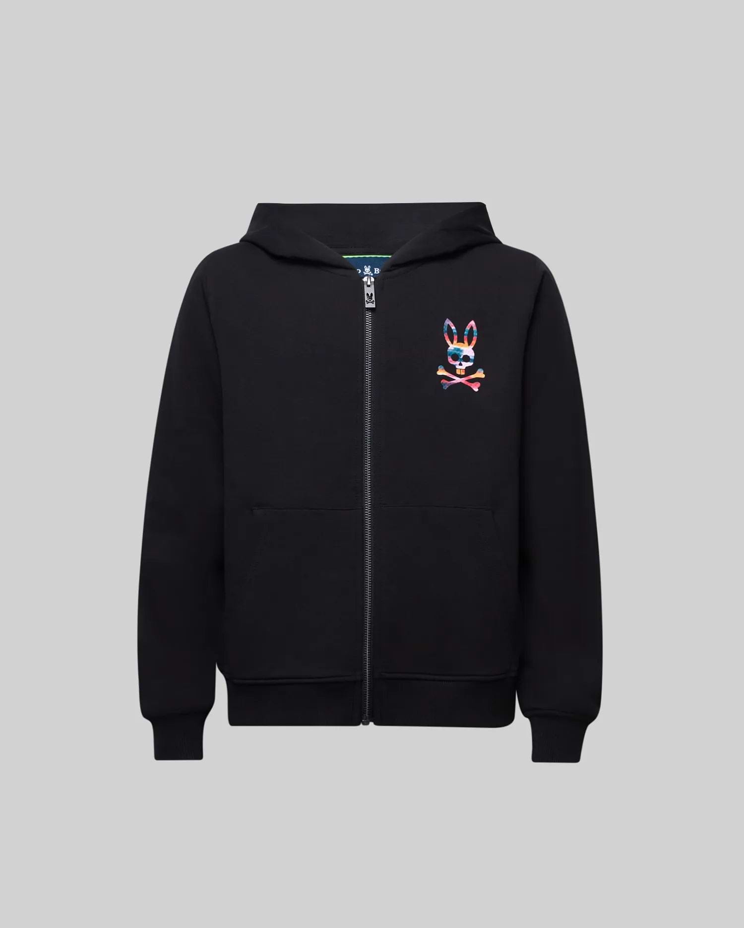 Kids Raphael French Terry Full Zip Hoodie in black, featuring a classic fit, full zip closure, and a vibrant multi-color Psycho Bunny skull logo on the left chest.