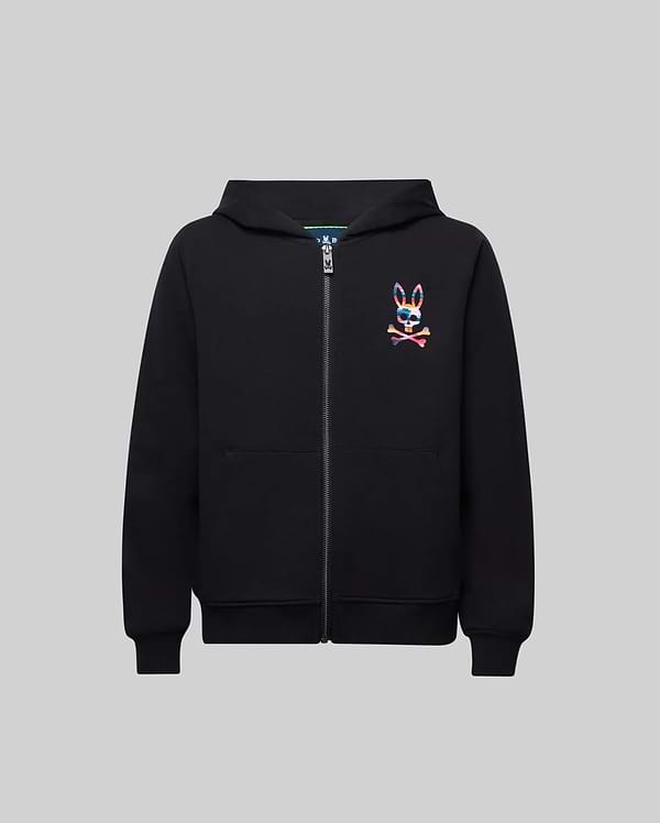 Kids Raphael French Terry Full Zip Hoodie in black, featuring a classic fit, full zip closure, and a vibrant multi-color Psycho Bunny skull logo on the left chest.