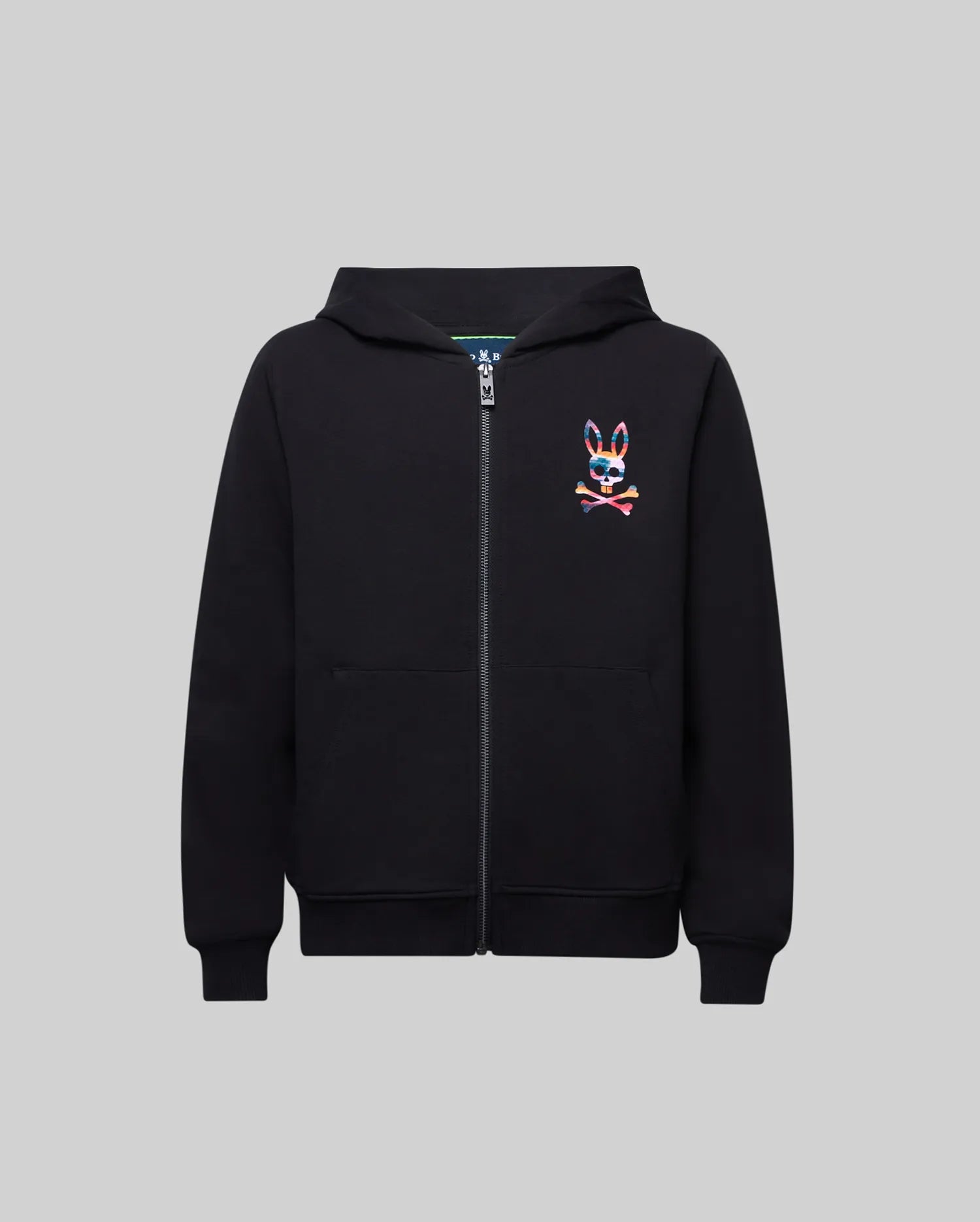 Kids Raphael French Terry Full Zip Hoodie in black, featuring a classic fit, full zip closure, and a vibrant multi-color Psycho Bunny skull logo on the left chest.