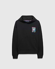 Kids Isaac Print Hoodie, black relaxed fit french terry hoodie with a vibrant pink, blue, green, and white graphic Psycho Bunny skull logo on the left chest and a kangaroo pocket.