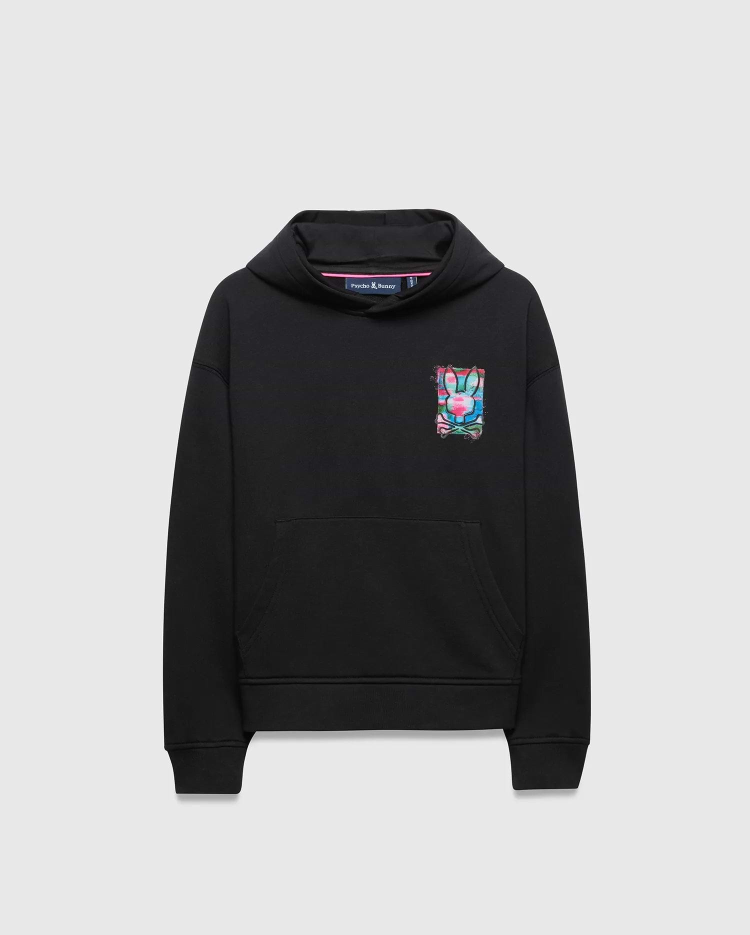 Kids Isaac Print Hoodie, black relaxed fit french terry hoodie with a vibrant pink, blue, green, and white graphic Psycho Bunny skull logo on the left chest and a kangaroo pocket.
